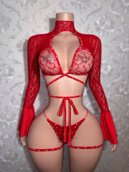 Sweetie Fishnet 3 Piece Flared Sleeve Set with Garters