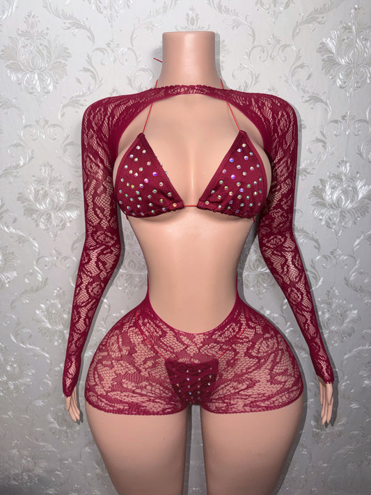 Suriyah Fishnet Romper 3 Piece With Bikini Fits XS-L