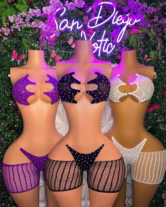 Riyah 3 Piece Set Rhinestone Mesh Kini with Cut-Off Fishnets Fits S-XL