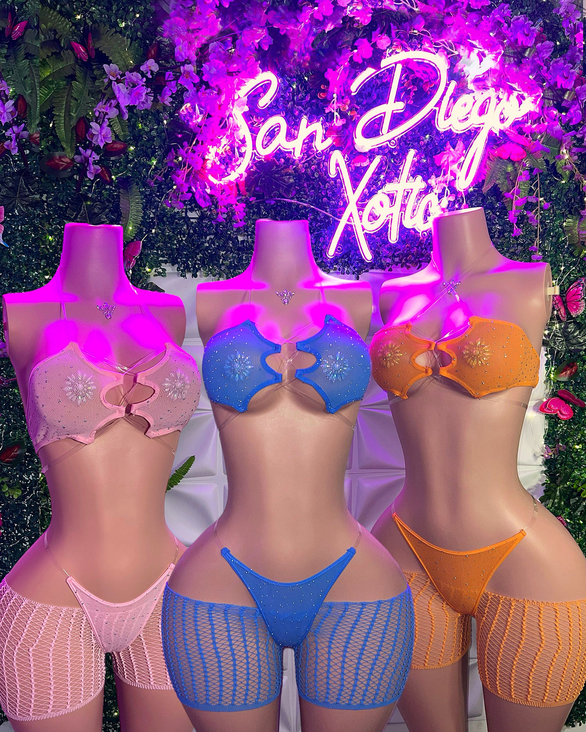 Riyah 3 Piece Set Rhinestone Mesh Kini with Cut-Off Fishnets Fits S-XL