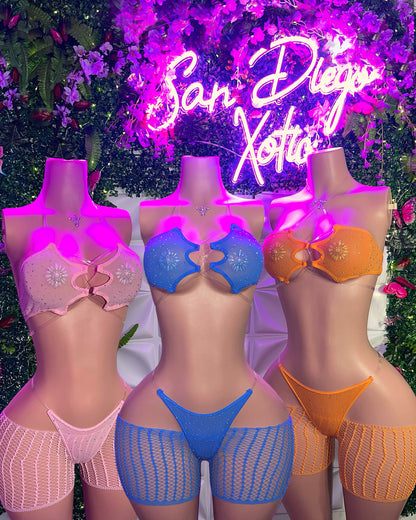 Riyah 3 Piece Set Rhinestone Mesh Kini with Cut-Off Fishnets Fits S-XL