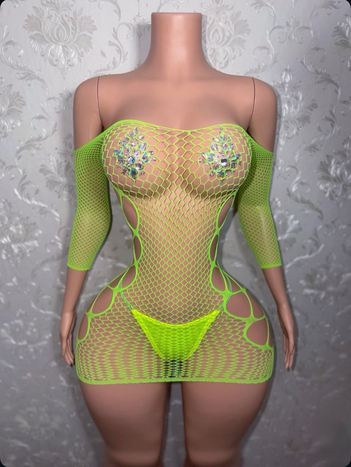 Teyana Fishnet Dress Optional Thong Fits XS-L