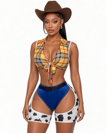 Ride Em Cowgirl 3 Piece Mesh Plaid Top, High Waist Bottoms and Chaps