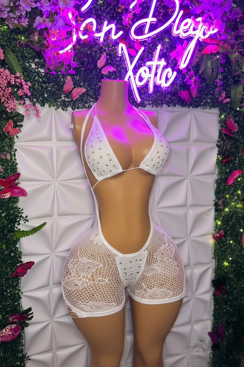Plain Jane Stoned 3 Piece Bikini and Hammock Fishnet Overalls Set Fits XS-L