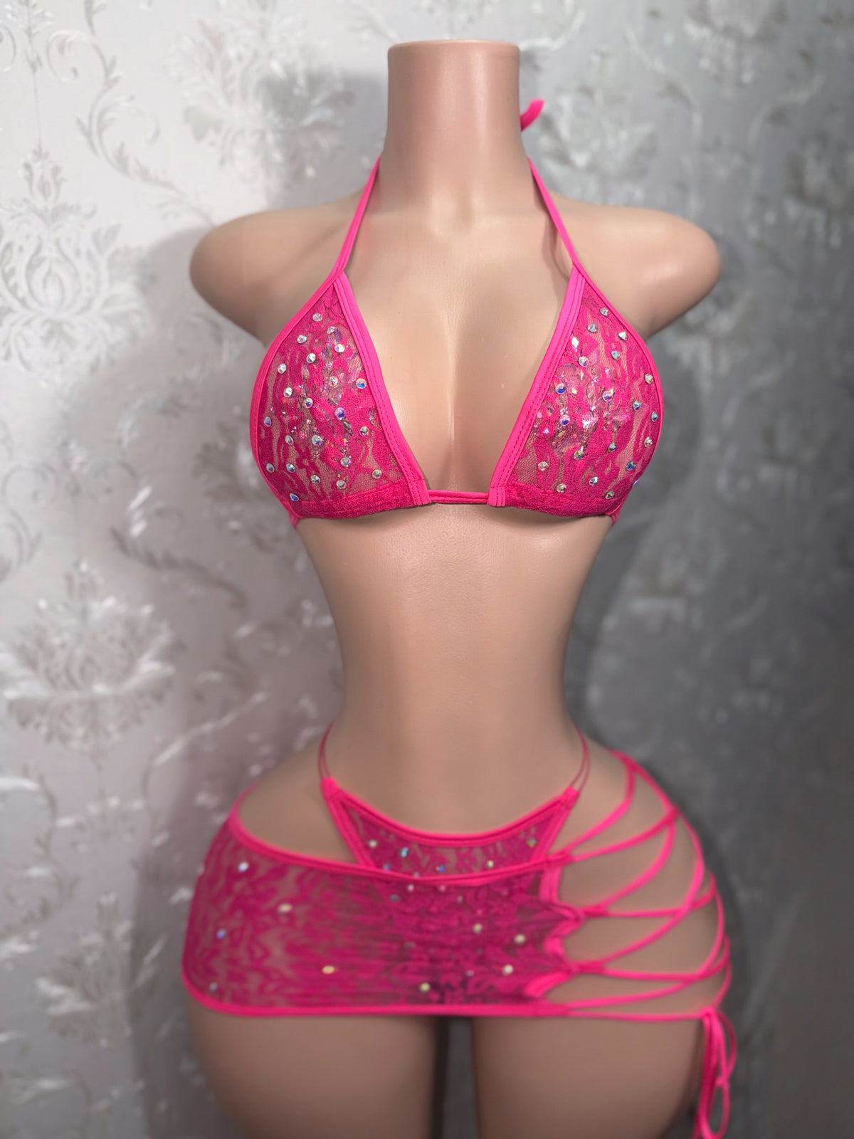 Kawaii Barker 3 Piece Floral Lace Skirt Set With Rhinestones Fits XS-M
