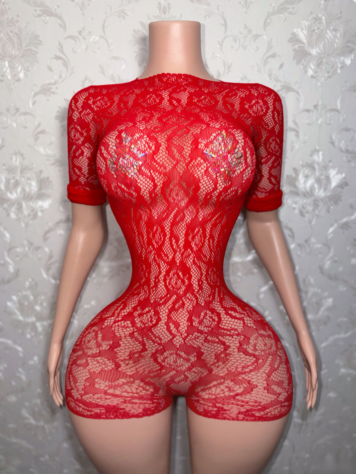 Suriyah Long Sleeve Backless Rose Fishnet Romper Fits XS-L