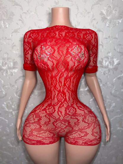 Suriyah Long Sleeve Backless Rose Fishnet Romper Fits XS-L