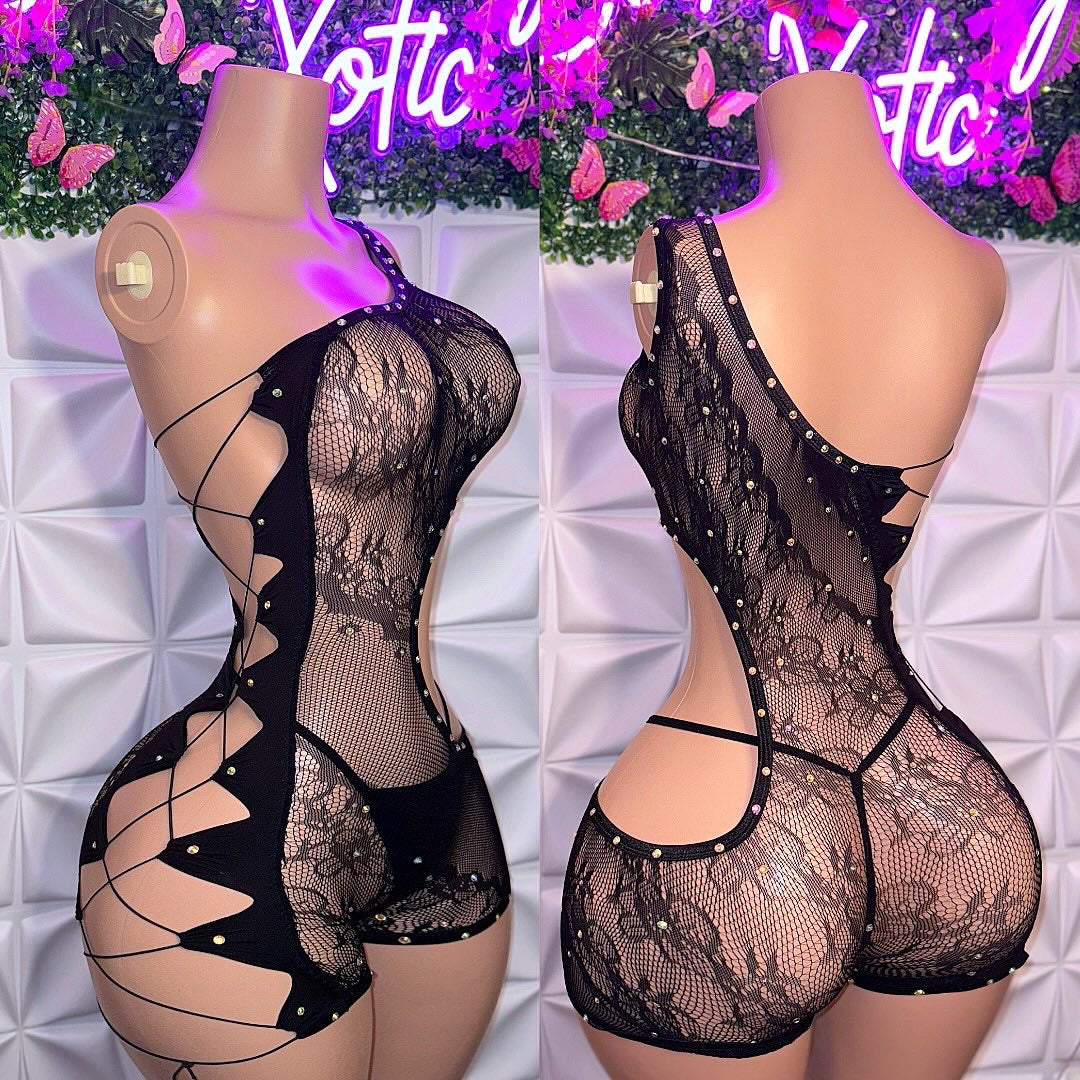 XTC Diamond Floral Lace Fishnet Romper Set with Thong Fits XS-L