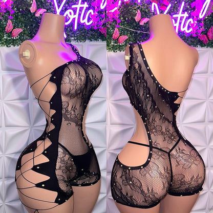 XTC Diamond Floral Lace Fishnet Romper Set with Thong Fits XS-L