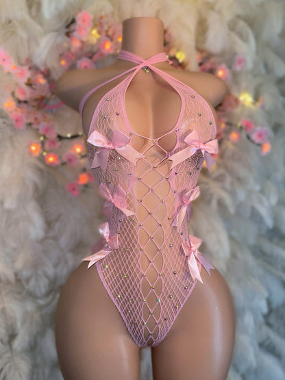 Sultry Vixen One Piece with Bows and Rhinestones Fits XS-XL