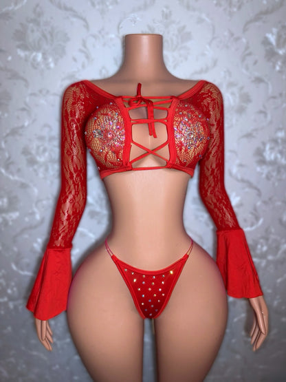 Bella Don — Lace Fishnet 2 Piece Bell Sleeve Set Optional Rhinestones Fits XS-L
