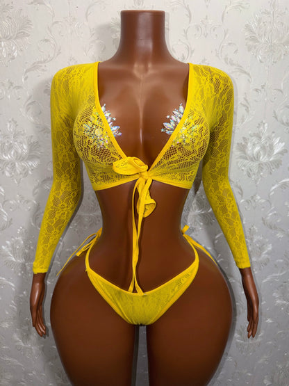 Venus Fishnet 2 Piece Long Sleeve Top and Thong Fits XS-L