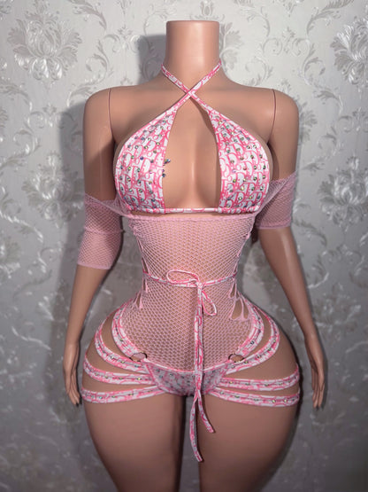 Pinkface 3 Piece Shorts Set With Fishnet Dress Fits M-XL, 37in+ Hips