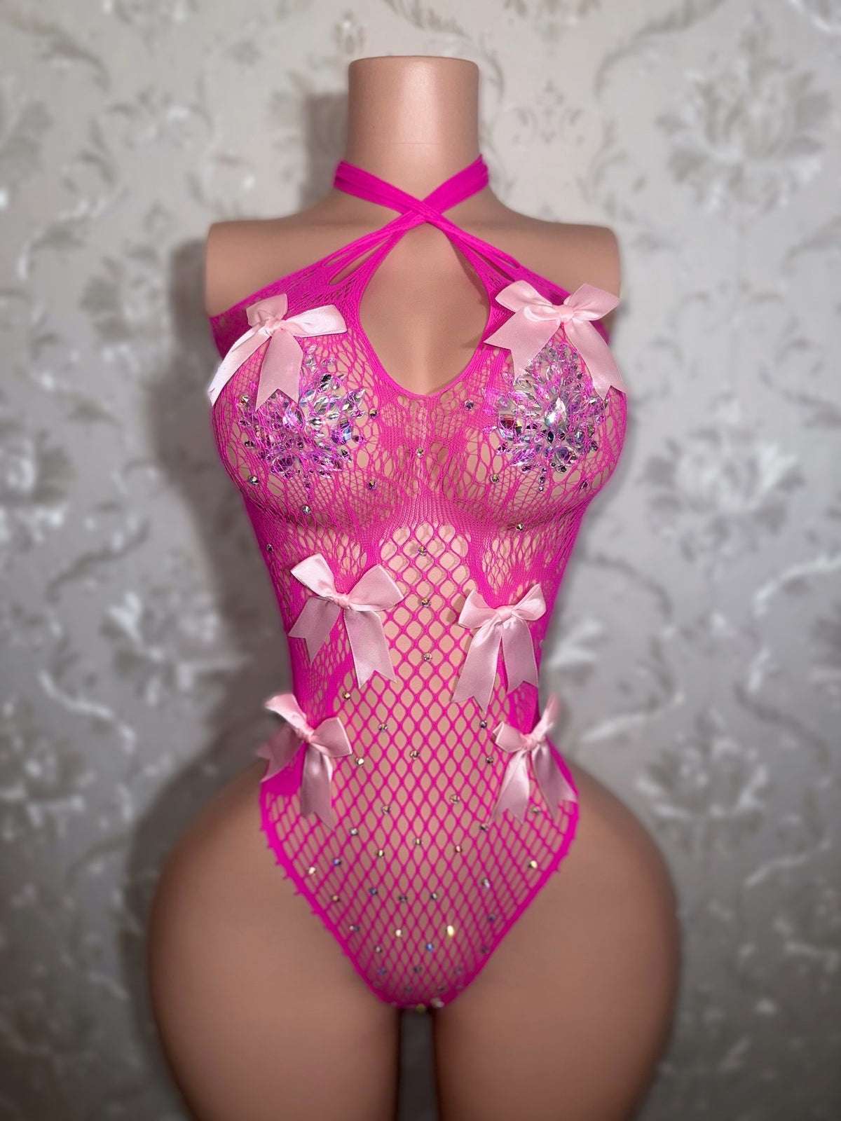 Sultry Vixen One Piece with Bows and Rhinestones Fits XS-XL