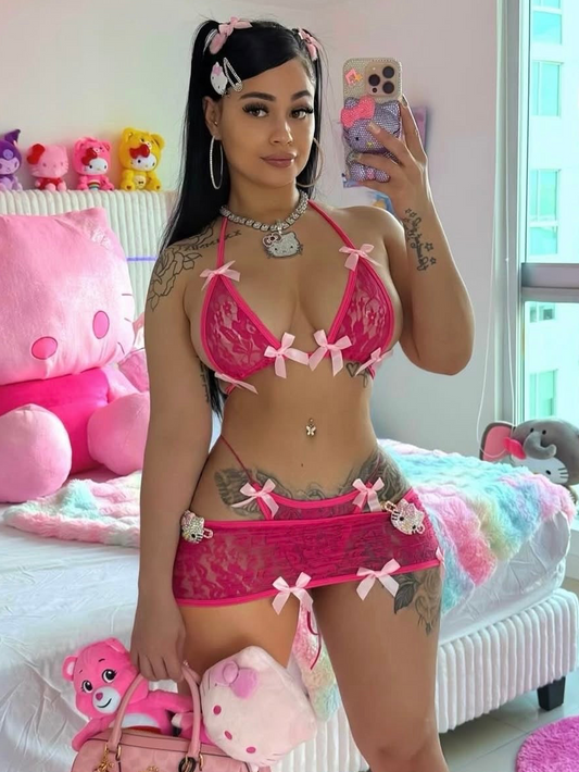 Kawaii Barker Pink 3 Piece Floral Lace Skirt Set Fits XS-M