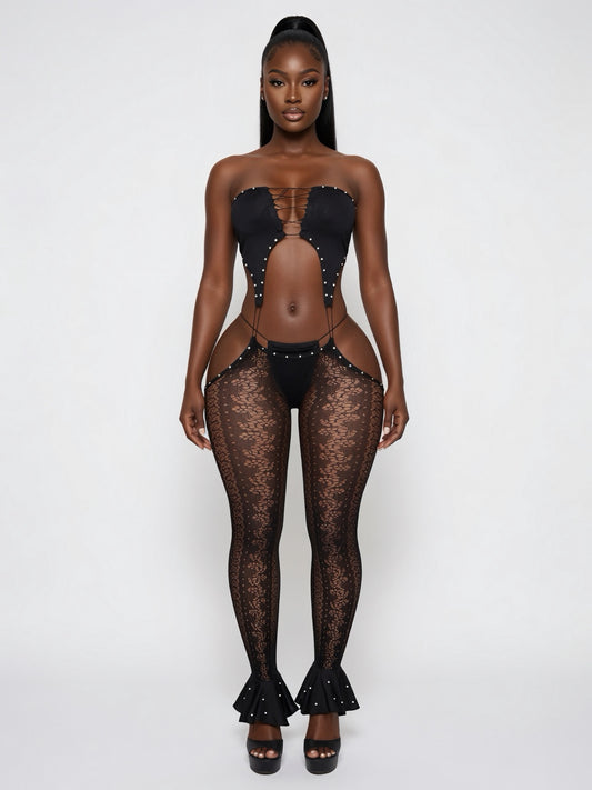 I Got Motion Low Rise Fishnet Jumpsuit 2 Piece Set With Thong Fits S-L
