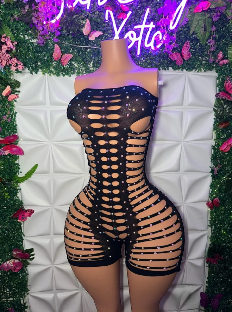 Monique Fishnet Slits Romper Fits S-XL