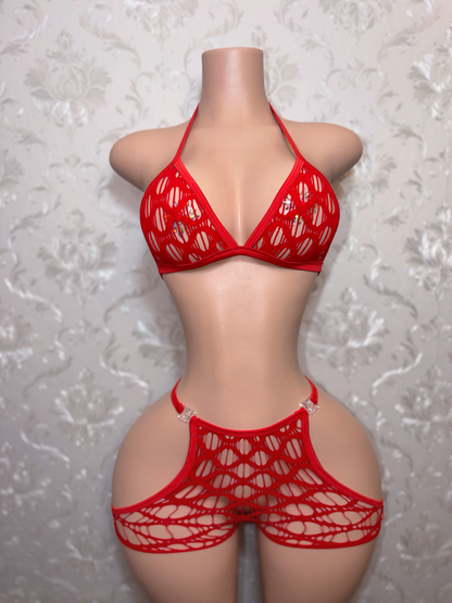 Desiree Plain Cutout Fishnet Clasp Chaps Shorts Set Fits S-L