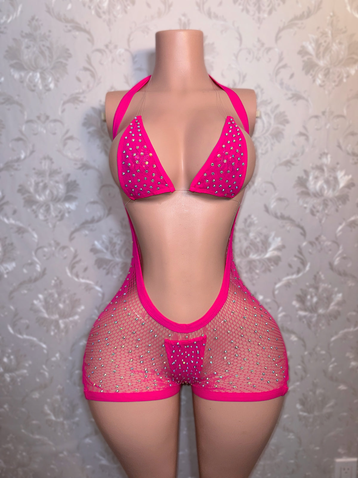 Plain Jane Diamond Fishnet Overalls and Mesh Bikini 3 Piece Set Fits XS-L
