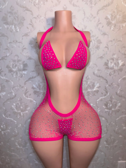 Plain Jane Diamond Fishnet Overalls and Mesh Bikini 3 Piece Set Fits XS-L