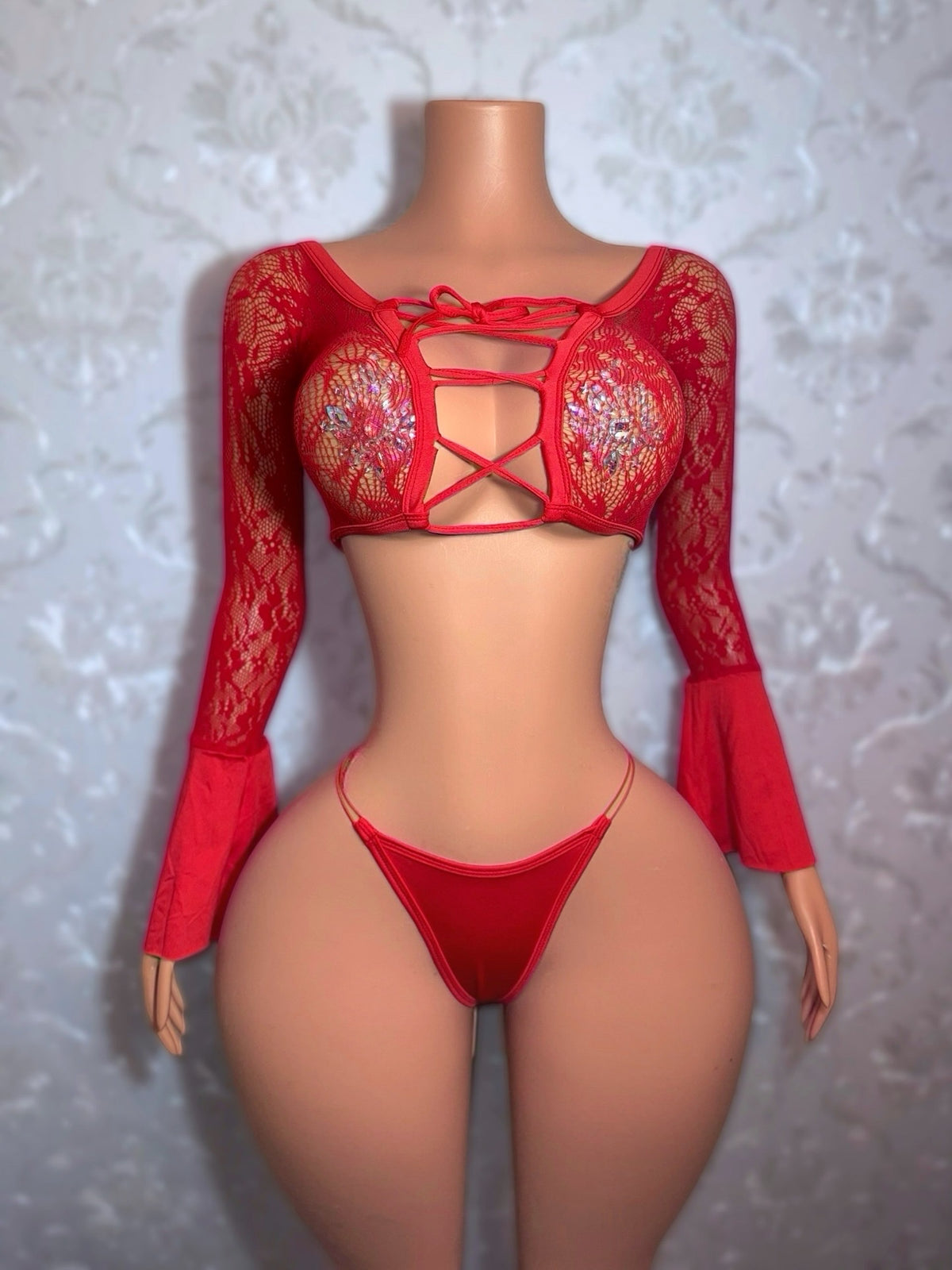 Bella Don — Lace Fishnet 2 Piece Bell Sleeve Set Optional Rhinestones Fits XS-L