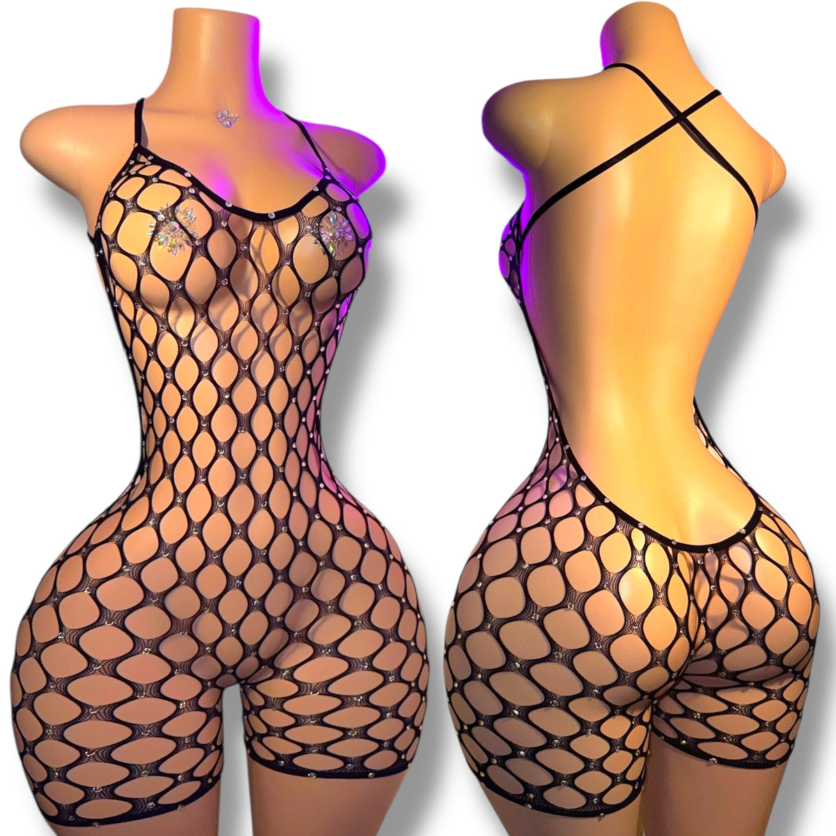 Apple Bottom Full Coverage Rhinestones Fishnet Romper Fits XS-M