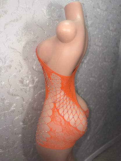 Lace Detail Fishnet Romper Optional Rhinestones Fits XS-XL