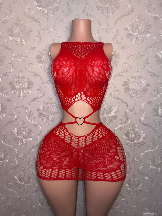 Stolen Hearts Heart Charm Fishnet Dress Fits S-XL
