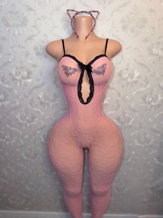Kitty Purr Crotchless Bodystocking Fits XS-M Includes Free Cheetah Headband