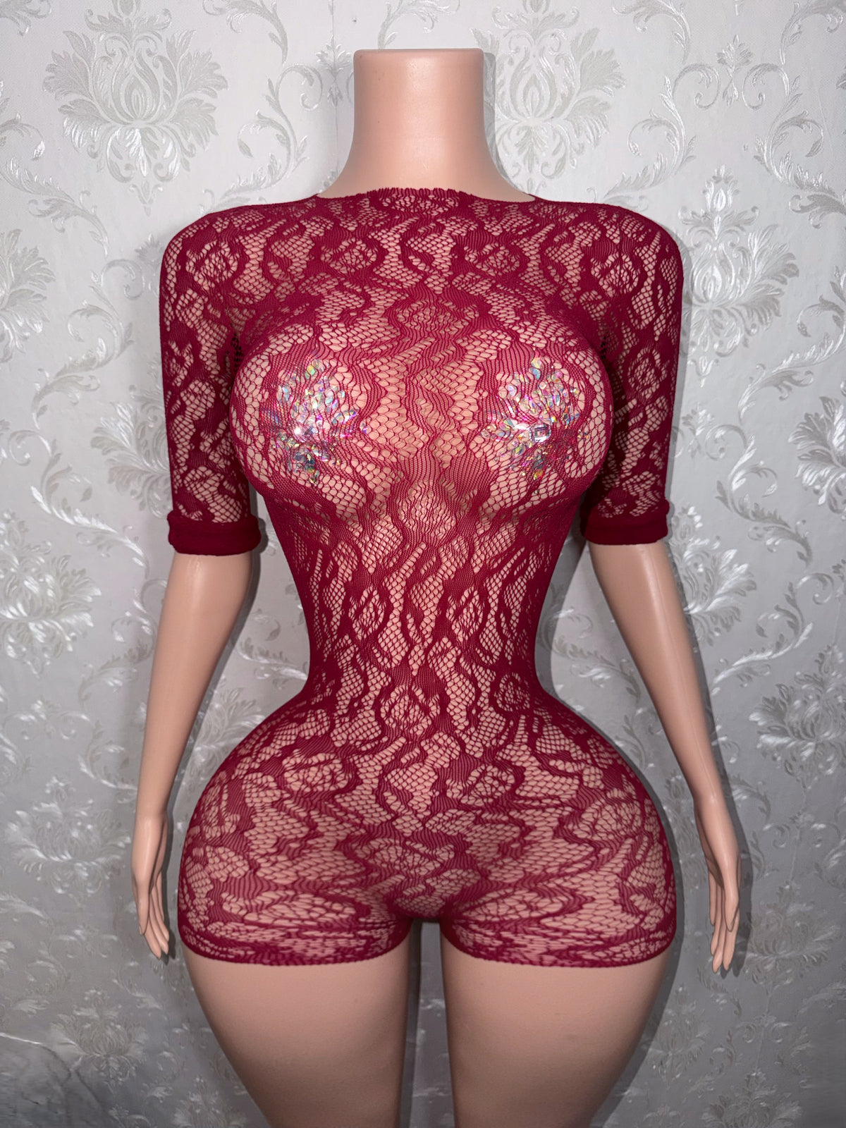 Suriyah Long Sleeve Backless Rose Fishnet Romper Fits XS-L