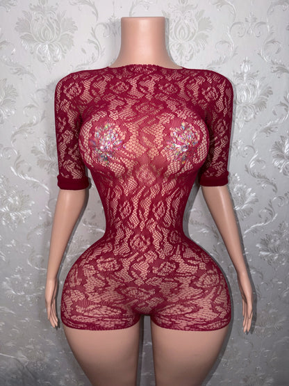 Suriyah Long Sleeve Backless Rose Fishnet Romper Fits XS-L