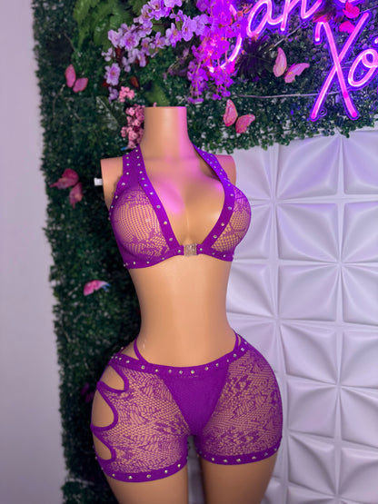 Ms. Daisy 3 Piece Fishnet Lace Shorts Set Front Clasp Bra & Thong