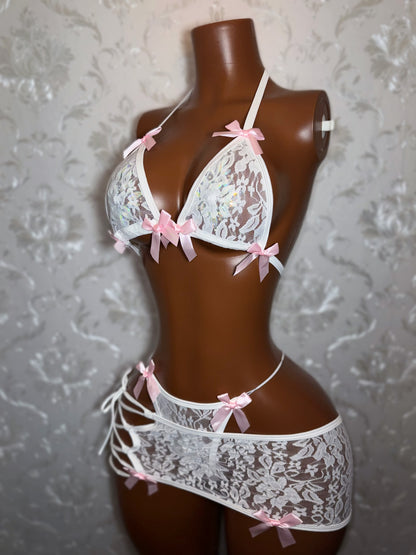 White Kawaii Barker 3 Piece Floral Lace Skirt Set Fits XS-M
