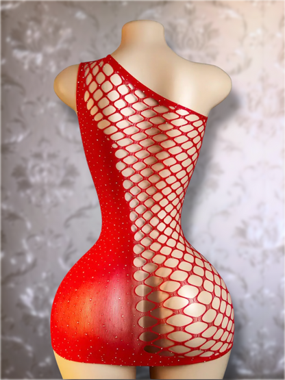 Holiday Bedazzled Dress Asymmetrical Fishnet Fits XS-M