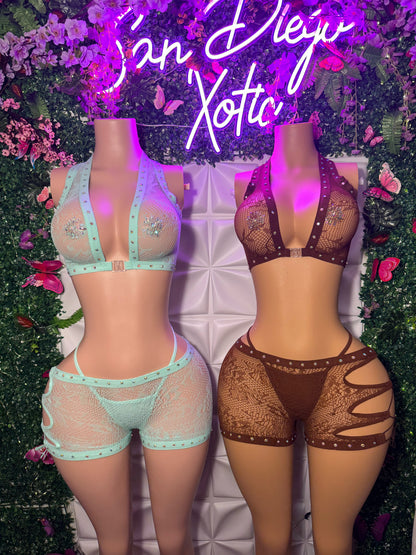 Ms. Daisy 3 Piece Fishnet Lace Shorts Set Front Clasp Bra & Thong