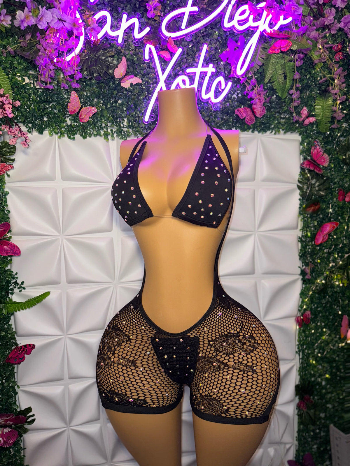 Plain Jane Stoned 3 Piece Bikini and Hammock Fishnet Overalls Set Fits XS-L