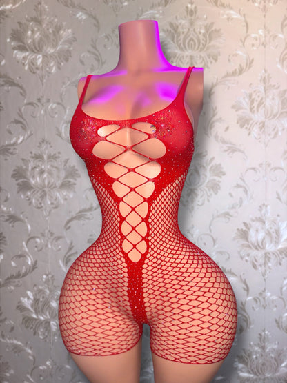 Divine Small Stones Fishnet Romper Fits XS-M