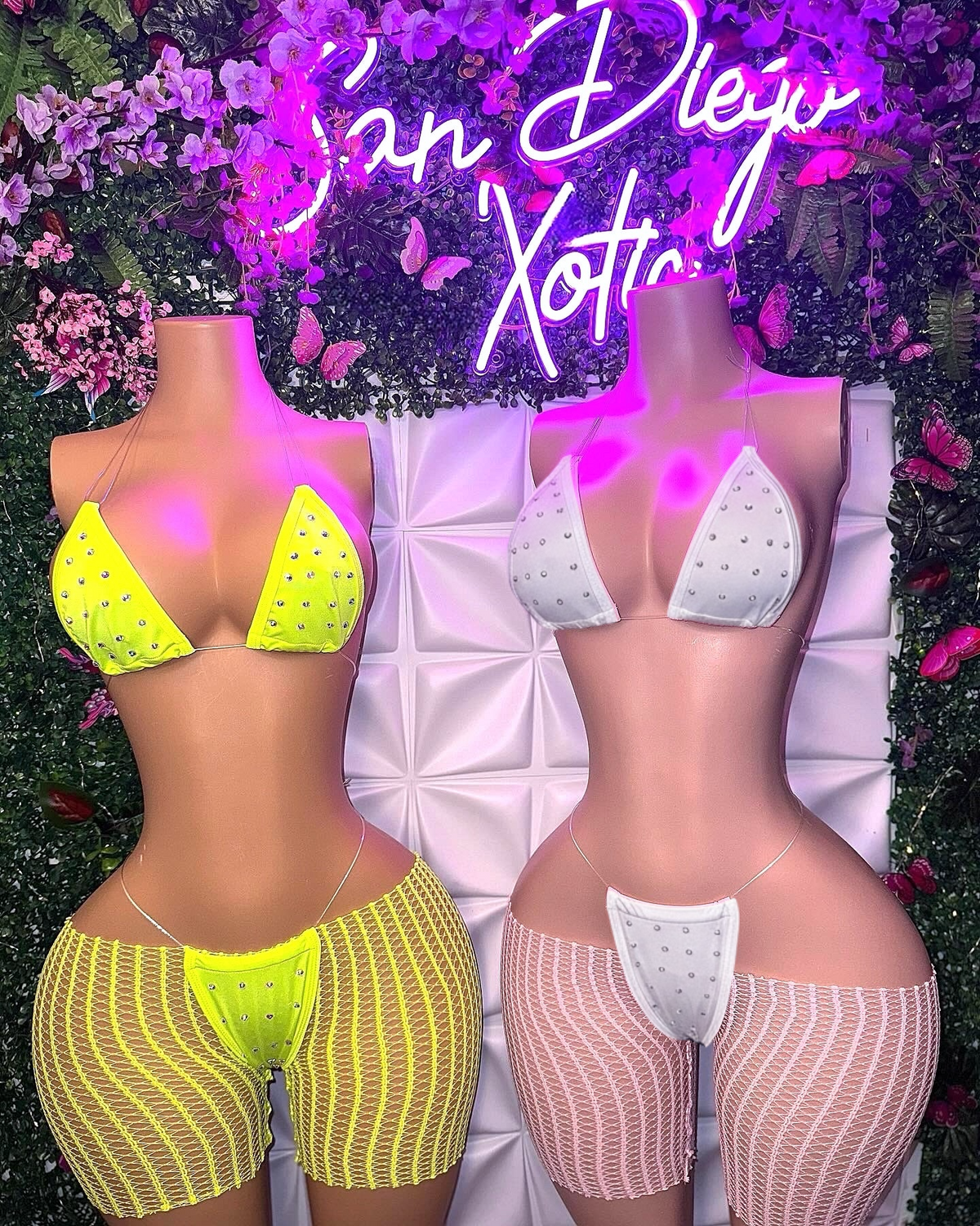 Chloe Rhinestone 3 Piece Bikini Set and Cut Off Fishnet Shorts