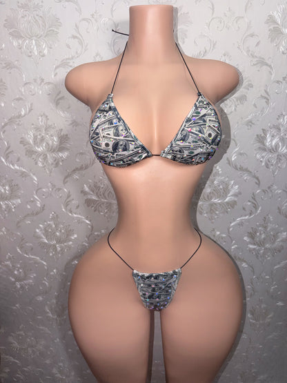 Bankroll Babe Money Print Rhinestone Bikini