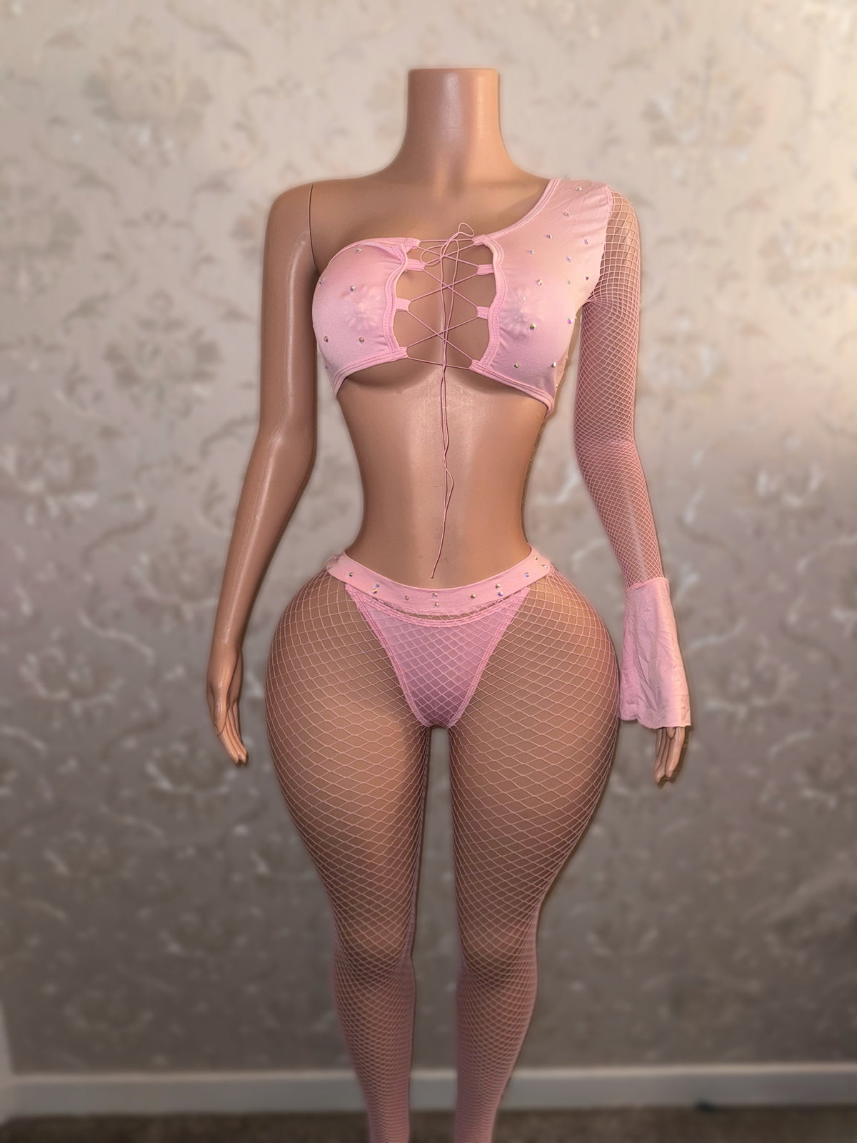 Innocence Asymmetrical Bell Sleeve Fishnet Pant Set Fits S-M