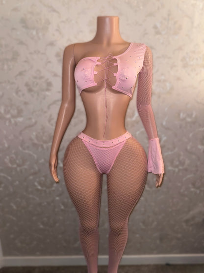 Innocence Asymmetrical Bell Sleeve Fishnet Pant Set Fits S-M