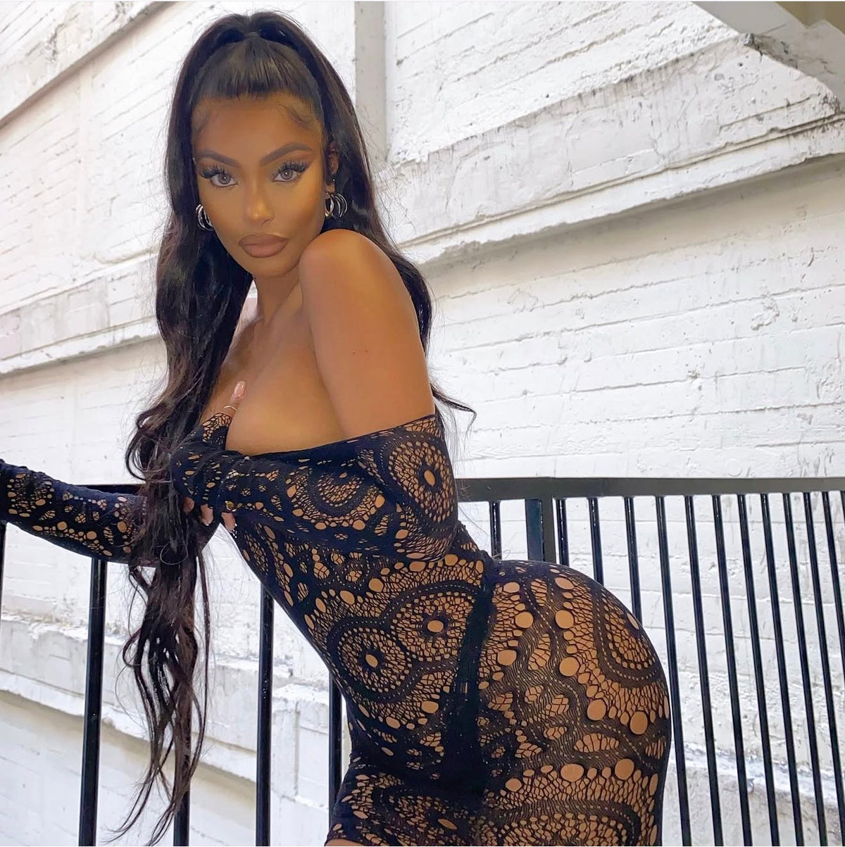 Eye of the Tiger Off Shoulder Fishnet Dress Fits XS-L