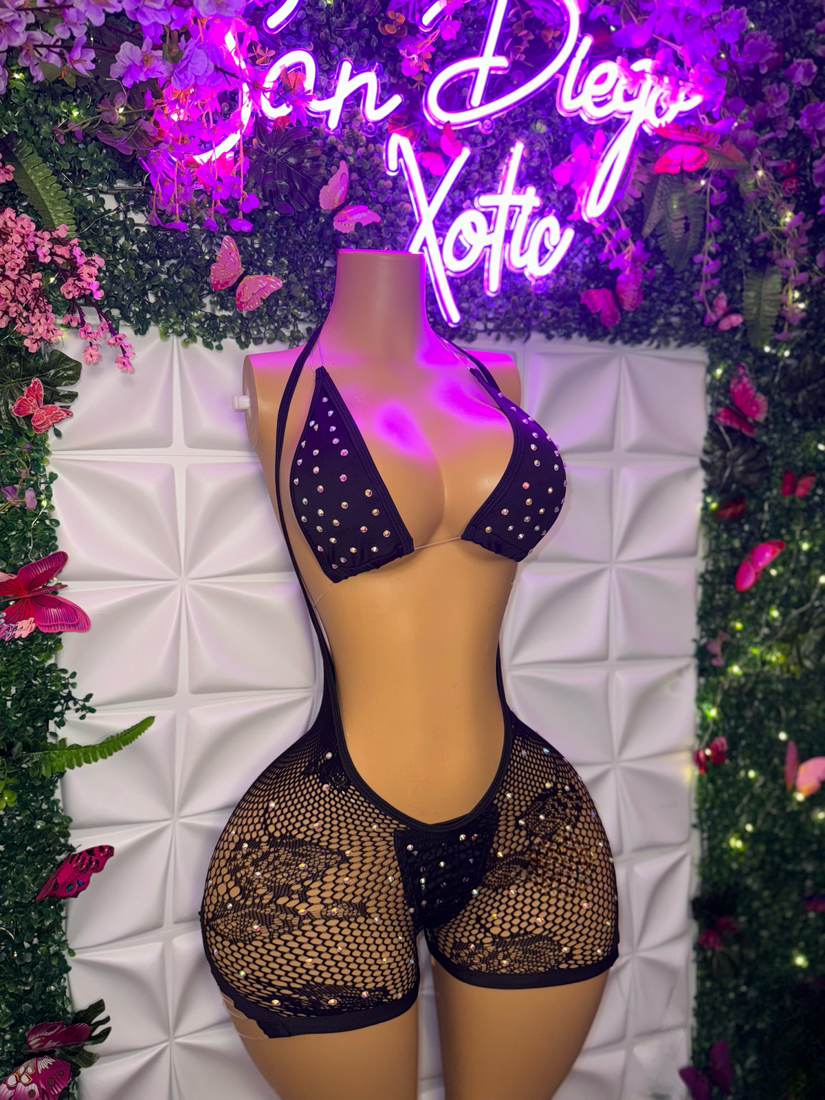 Plain Jane Stoned 3 Piece Bikini and Hammock Fishnet Overalls Set Fits XS-L