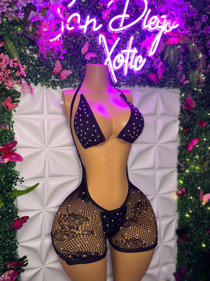 Plain Jane Stoned 3 Piece Bikini and Hammock Fishnet Overalls Set Fits XS-L
