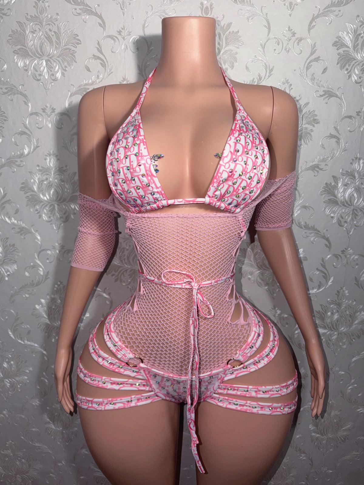 Pinkface 3 Piece Shorts Set With Fishnet Dress Fits M-XL, 37in+ Hips