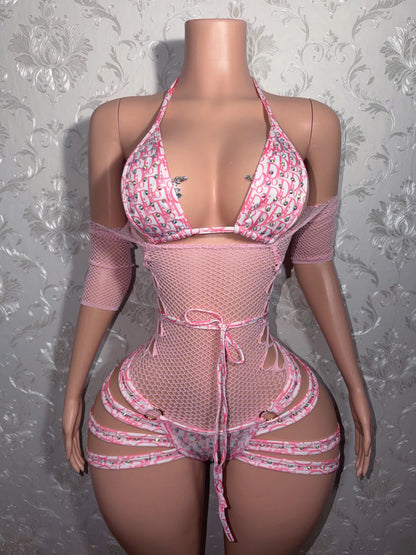 Pinkface 3 Piece Shorts Set With Fishnet Dress Fits M-XL, 37in+ Hips