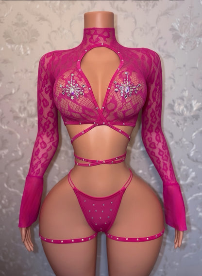 Sweetie Fishnet 3 Piece Flared Sleeve Set with Garters