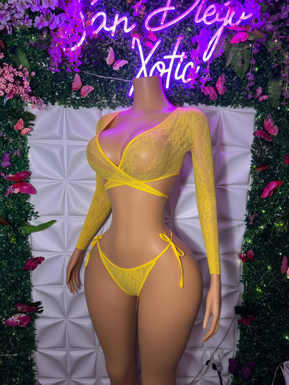 Venus Fishnet Criss Crossed Long Sleeve Top and Thong Fits XS-L