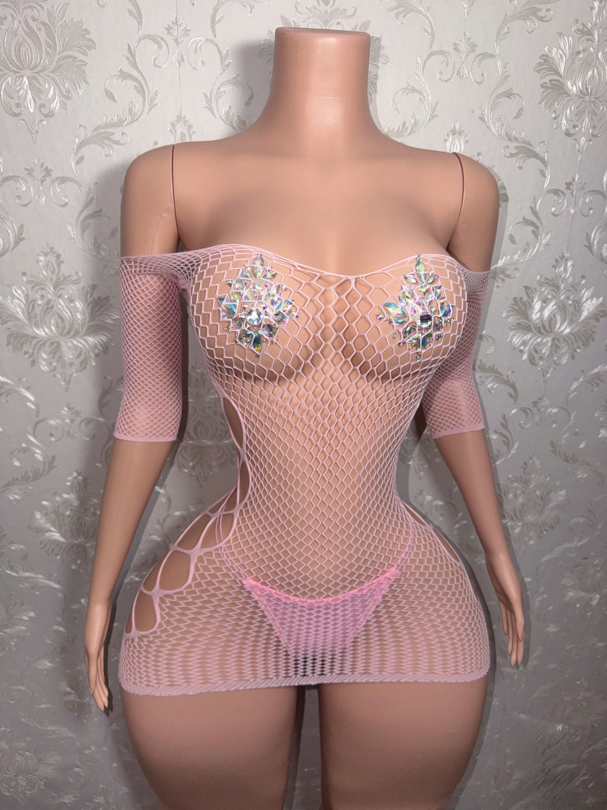 Teyana Fishnet Dress Optional Thong Fits XS-L