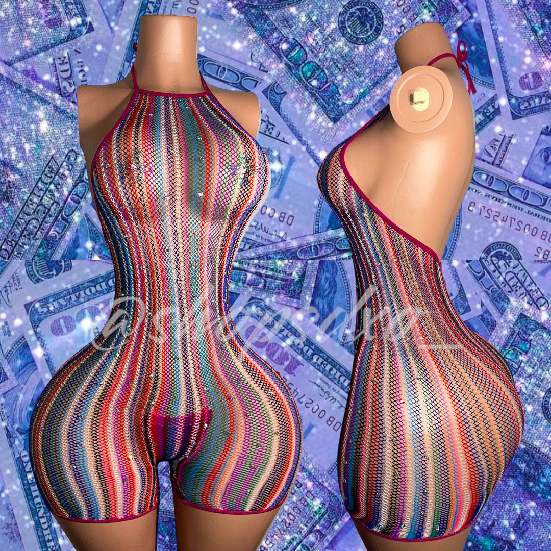 Onika Multicolor Fishnet Romper Fits M